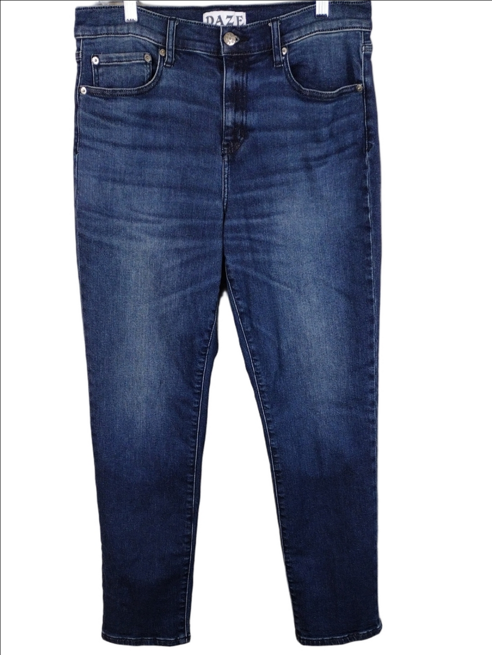 Daze Hug Blue Dark Wash Five Pocket Zip Up High Rise Straight Leg Denim Jean
